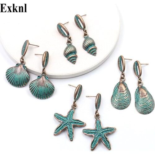 Exknl Fashion Vintage Alloy Party Shell Conch Drop Earrings for Women 2019 Long Big Christmas Bohemian Jewelry Earrings Women