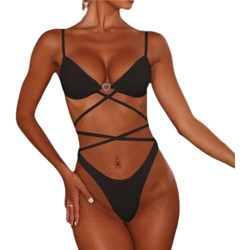Women Swimsuit Solid Color Bandage Bikini Set Padded Bra Push-up Solid Swimwear Bandage Bathing Suit Swimming Suit