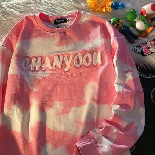 Ins Hot Tie Dye Clouds Letter Embroidery Sweatshirt Women New Fashion Hip Hop Streetwear Long Sleeve Tops Harajuku Teens Clothes