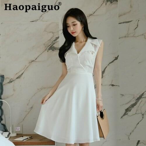 Korean Sleeveless White Dress Summer 2019 Turn-down Collar OL Office Dress Women Solid Empire A-Line Casual Dresses Women Robe