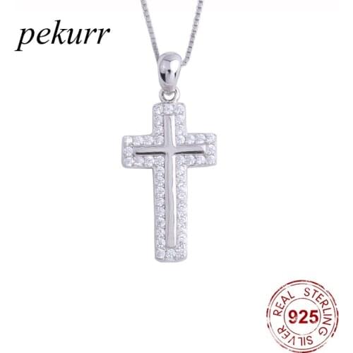 Pekurr 925 Sterling Silver Zircon Edge Around Big Cross Female Pendants Cross Necklaces For Women Long Chain Collar Jewelry