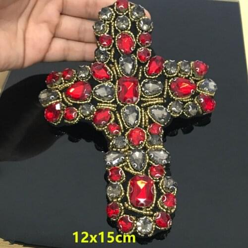 2 piece Red Beaded Crystal Rhinestones Cross Design Patches Applique Sew on Patches Clothes Bags Decorated DIY Sewing