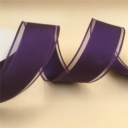 38MM 25yards Purple Taffeta Wired Edge Ribbon With Transparent Organza edge for Christmas Decoration New Year Gift Wrapping