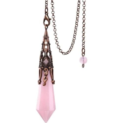 Antique Copper Hexagon Prism Rose Pink Quartz Pendant Link Chain Black Agates Pendulum for Dowsing Jewelry