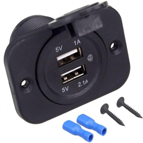 5V 2.1A/1A 12V Dual USB Car Charger with Panel Waterproof Power Adapter Socket Outlet for Vehicle Boat Truck Motorcycle