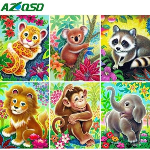 AZQSD Diamond Embroidery Lion Monkey Elephant Mosaic Full Square Diamond Painting Cartoon Animal Cross Stitch Home Decoration