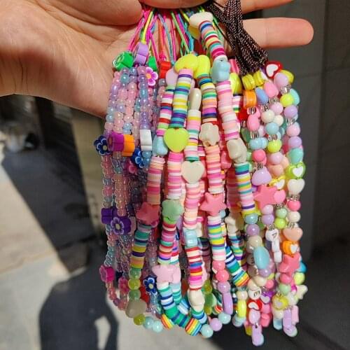 Phone Chain Beaded Strap Wrist Mobile Phone Case Lanyard Soft Pottery Flower Phone Chains Star Charm Evil Eye Jewelry Keychain