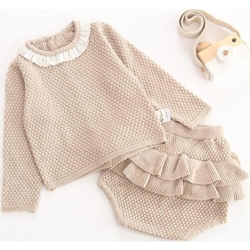 1820 Baby Spring Autumn Suit Knitted Sweater+shorts Baby Girl Lotus Leaf Top Pleasted Brief Short Pants Skirt
