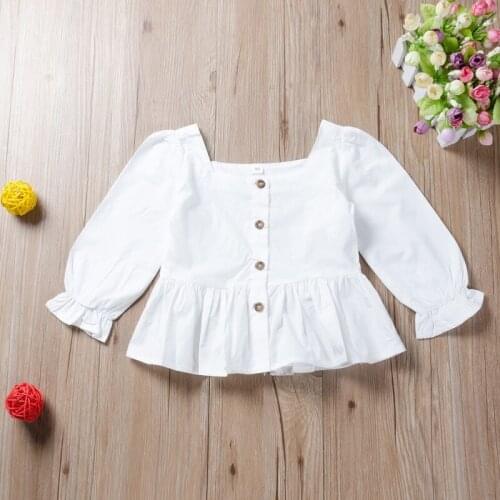 Child Spring Autumn Casual Fashion Cotton Top Baby Girl Long Sleeve Solid Color T-Shirt Kid Square Collar Single Breasted Blouse