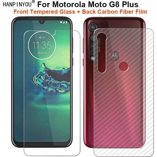 For Motorola Moto G8 Plus 1 Set = Soft Back Carbon Fiber Film Skin Sticker + Ultra Thin Tempered Glass Front Screen Protector