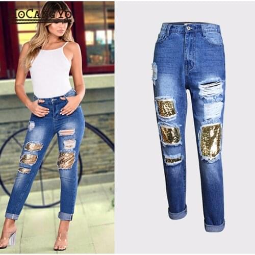 HCYO High Waist Jeans Women Denim Pants Hole Boyfriend Sequin Loose Straight Large Size Jeans Trousers Women Denim Jeans Pants