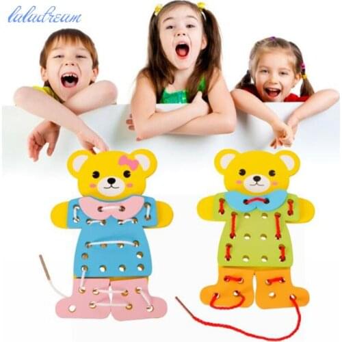 2pcs/lot wooden cartoon bear wooden montessori games bear threading Wearing Clothes toys montessori children educational toy