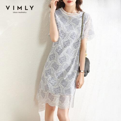 VIMLY Lace Dress for Women French Vintage Short Sleeve Hollow Sweet Summer Blue Dresses Western Female Clothing Vestido F8192