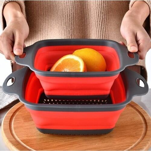 Square Portabl Silicone Foldable Fruit Vegetable Washing Basket Strainer Colander Collapsible Drainer With Handle Kitchen Tools