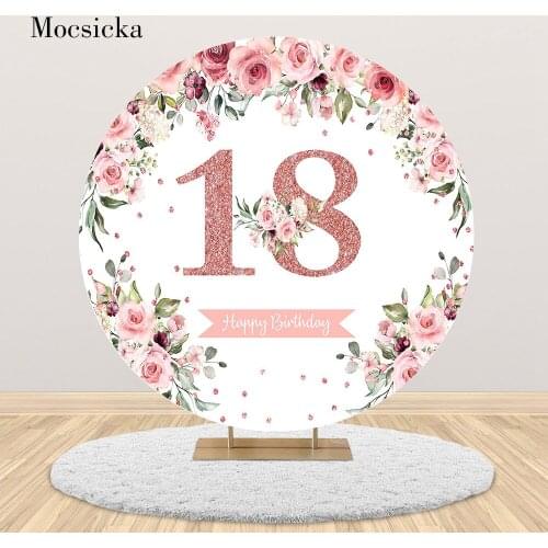 Mocsicka Glitter 18th Happy Birthday Round Backdrop Pink Flower Polka Dot Girl Birthday Party Photo Background Table Cover Props