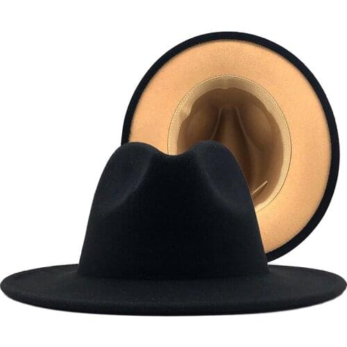New Outer black Inner tan Wool Felt Jazz Fedora Hats with Thin Belt Buckle Men Women Wide Brim Panama Trilby Cap