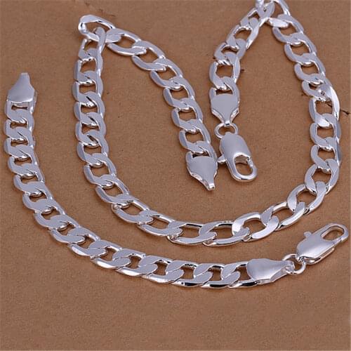 Popular Classic men 12MM Chain 925 sterling Silver Bracelet necklace Jewelry set Charm Fine Fashion Party wedding Christmas gift