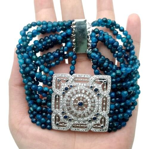 10 Rows Blue Agate Cz Pave Connector Bracelet