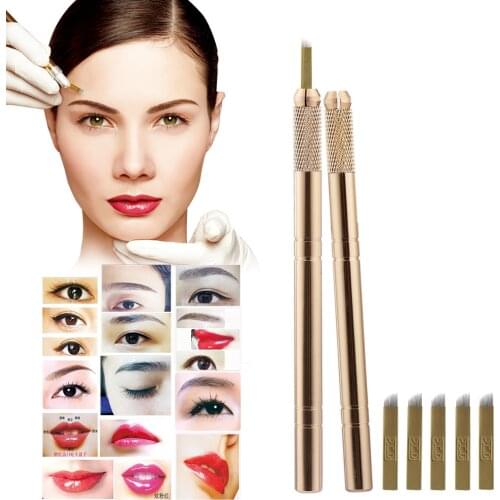 3D Golden Tebori Tattoo Pen + 5 Pcs 12 Pins Microblading Tattoos Needles Permanent Makeup Manual Professional Eyebrow Tattoo Set