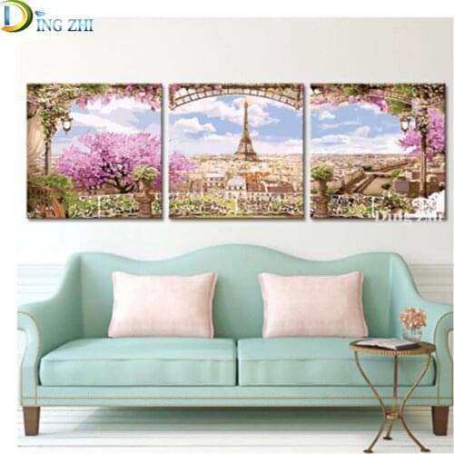 Triptych Diamond Painting Cherry Blossom City View Tower 5D Diy Full Square Round Drill Embroidery Mosaic Cross Stitch Kit Gift