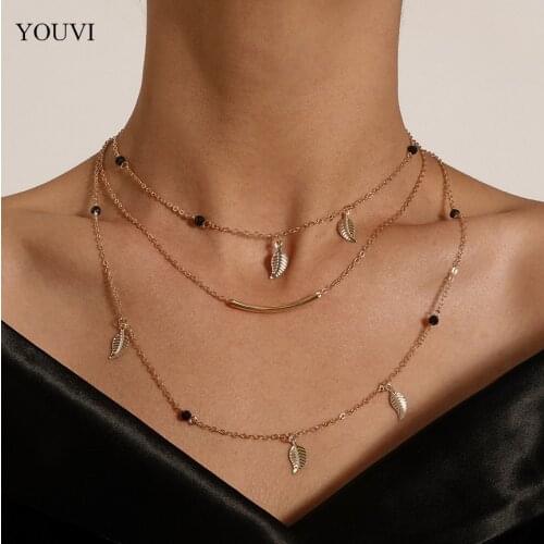 YOUVI Vintage Multilayer Leaf Pendant Necklace for Women Gold Color Beads Choker Chian Necklaces Jewelry Collier Femme