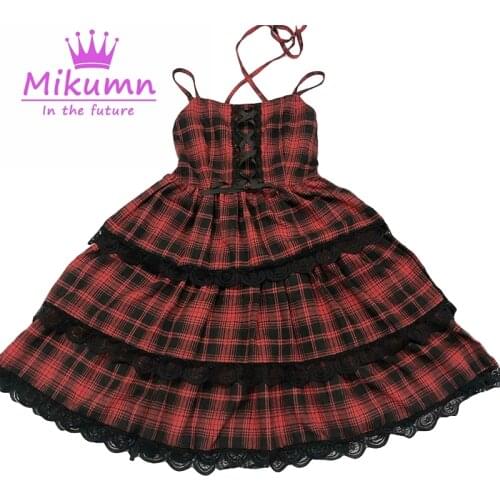 Japanese Harajuku Girls Vintage Red Plaid High Waist Pleated Dress Sweet Lace Kawaii Gothic Lolita Dress