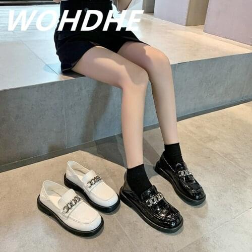 WOHDHE Women Single Shoes 2021 Fashion Female Platform Square Heel Slip-on Chain Metal Solid Mature Shoes Mujer PU Leather Cool