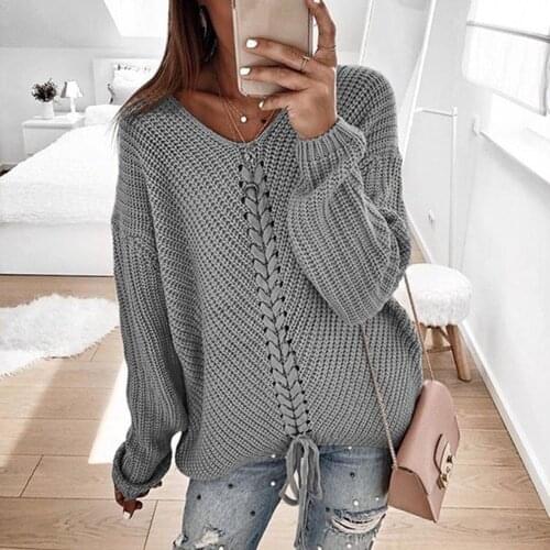 Lace Up Knitted Sweater Women Jumper V-neck Casual Autumn Winter Sweater 2020 Women Pullover Sweaters Ladies Pull Femme