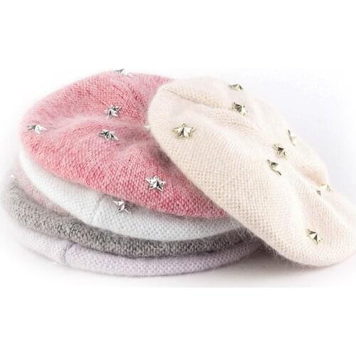 Winter Solid Color Beret With Gold Sliver Stars Fashion New Female Women Bonnet Casual retro Caps All Matched Warm Walking Hat