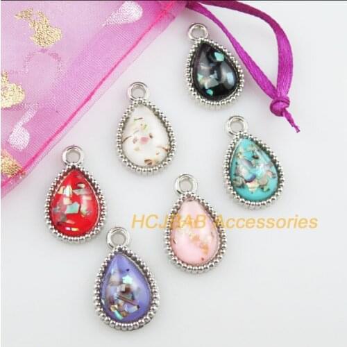 18 New Shivering Resin Pendants Teardrop Mixed Charms Dull Silver Plated 13x21.5mm