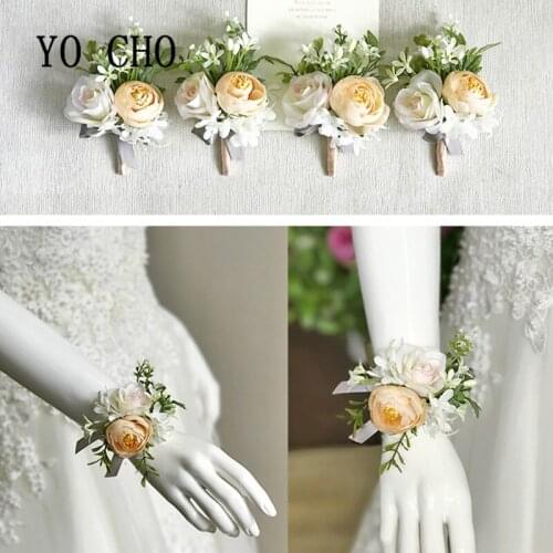 YO CHO Silk Rose Flower Men Boutonniere Bridesmaid Wrist Corsage Bracelet Flowers Wedding Groom Boutonniere Prom Party Corsages
