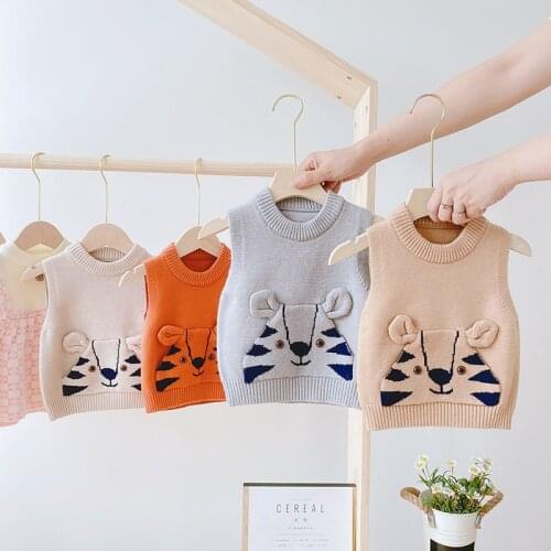 Baby Knitted Vest Autumn Winter 2020 Cartoon Tiger Pocket Pullover Sweater for Boys and Girls Kids Clothes