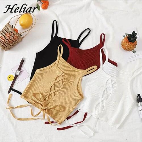 Women Women Cropped Top Knitted Bandage Tops Spaghetti Club Camisole Halter Tank Top Female Bare Midriff Solid Crop Tops Summer