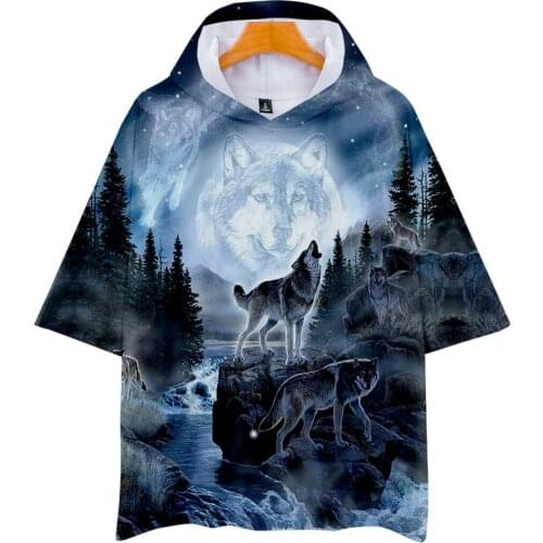 Hot Sale Wolf T Shirt Hooded T Shirt Summer Mens Short Sleeve T-shirts Boys Harajuku Tees 3D Print Fashion Men and Boy Animal