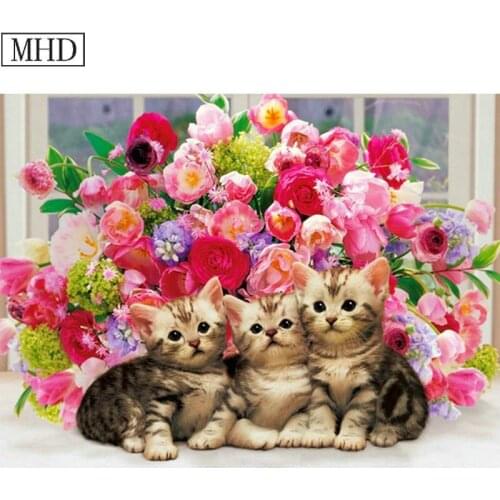 Needle Flower & Three Cats 5d Diy Diamond Painting Cross Embroidered Full Square Drill 3d Mosaic Home Decor Artwork Kit