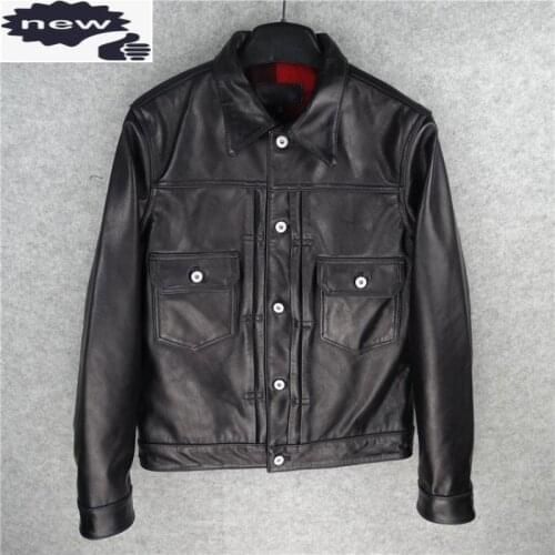 Genuine Mens Designer Classic Black Single Breasted Cowboy Jacket Fashion High Quality Leather Short Coats Male