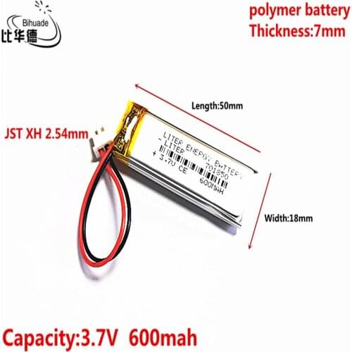 JST XH 2.54mm 3.7V 600MAH 701850 Lithium Polymer LiPo Rechargeable Battery For Mp3 headphone PAD DVD bluetooth camera