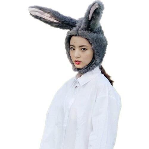 Cute Plush Bunny Hat Gray Rabbit Ears Headgear Festival Party Funny Cosplay Halloween Photo Props
