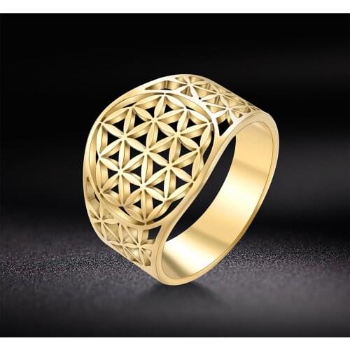 MyShape Flower of Life Mandala Filigree Ring Wedding Large Band Stainless Steel Gold Color Filled Fashion Rings Size 7,8,9