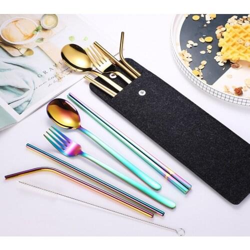 304 stainless steel cutlery set straw combination color portable spoon Fork chopsticks outdoor tableware bag
