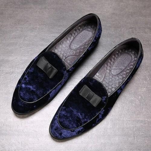 New Men Shoes Elegant Men Party Shoes Bow Tie Blue Black Slip on Footwear Comfortable Flats Loafers Men Classicv Plus size 39-48