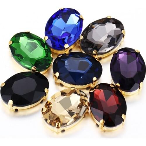 Dark Color Oval Top Pretty Glass Crystal Strass High Quality Sew On Rhinestones With Golden Flatback Claws For Clothing Crafts