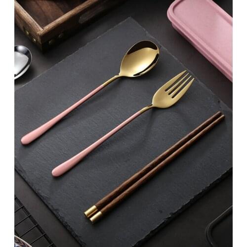 Single-pack portable storage non-shaking wooden chopsticks stainless steel spoon fork three-piece tableware J06
