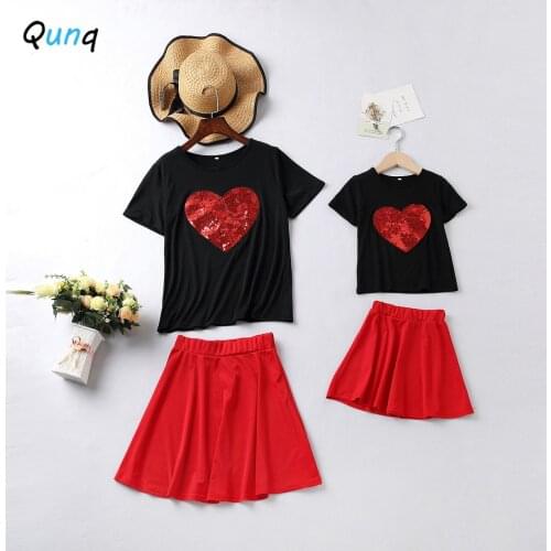 Qunq Mommy and Me Matching Suits Heart Sequined T-shirt Skirt Two Piece Clothing Set for Women Kids Girl Summer Family Costume