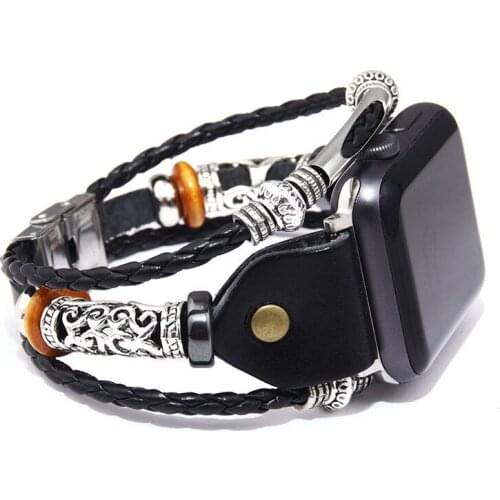 Vintage PU Leather Watch Band Strap For Watch Series 4 3 Bead Braided Bracelet Strap For Smart Watch 44mm 42mm 38mm 40mm