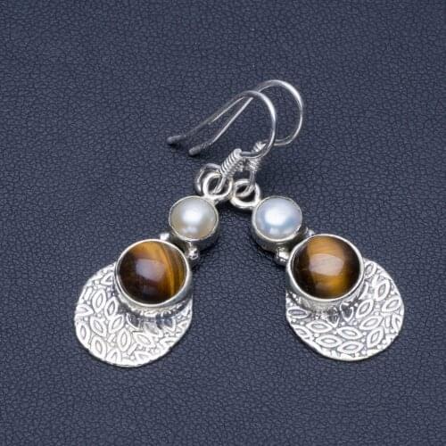 Natural Tiger Eye and River Pearl 925 Sterling Silver Earrings 1 1/2" Q1858