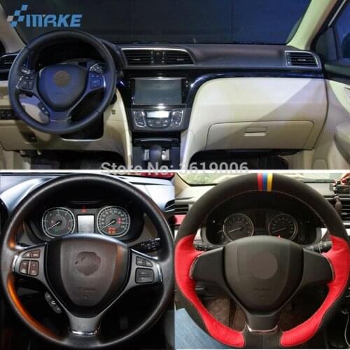 SmRKE For Suzuki Alivio 2015 2016 Hand-stitched Anti-Slip Red Leather Black Suede Gray Thread DIY Steering Wheel Cover