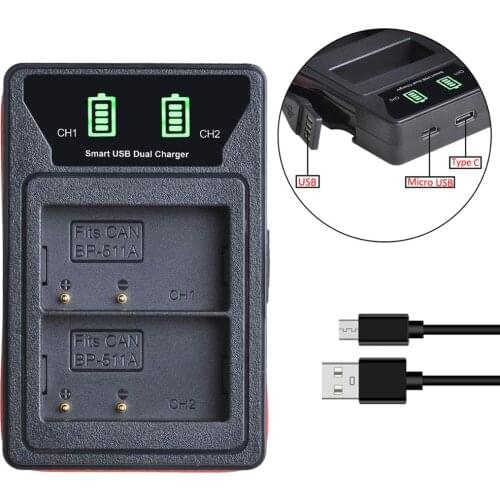 BP-511 BP-511A BP511 BP 511 511A LED charger with type-C and micro USB port for Canon EOS 300D 40D 5D G6 L10 20D 30D 50D 10D D60
