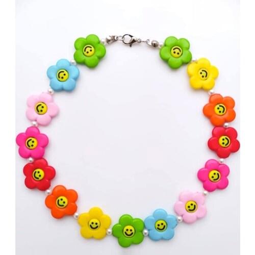 Y2K Jewelry Candy Color Flower Smiley Necklace for Women Metal Resin Cute Harajuku Vintage Necklace Charm 90s Aesthetic Gifts