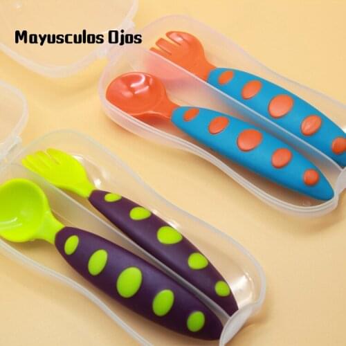 ZH 2PCS Infants Two-tone Fork Spoon Set Baby Eating Training Fork Spoon Transparent Box